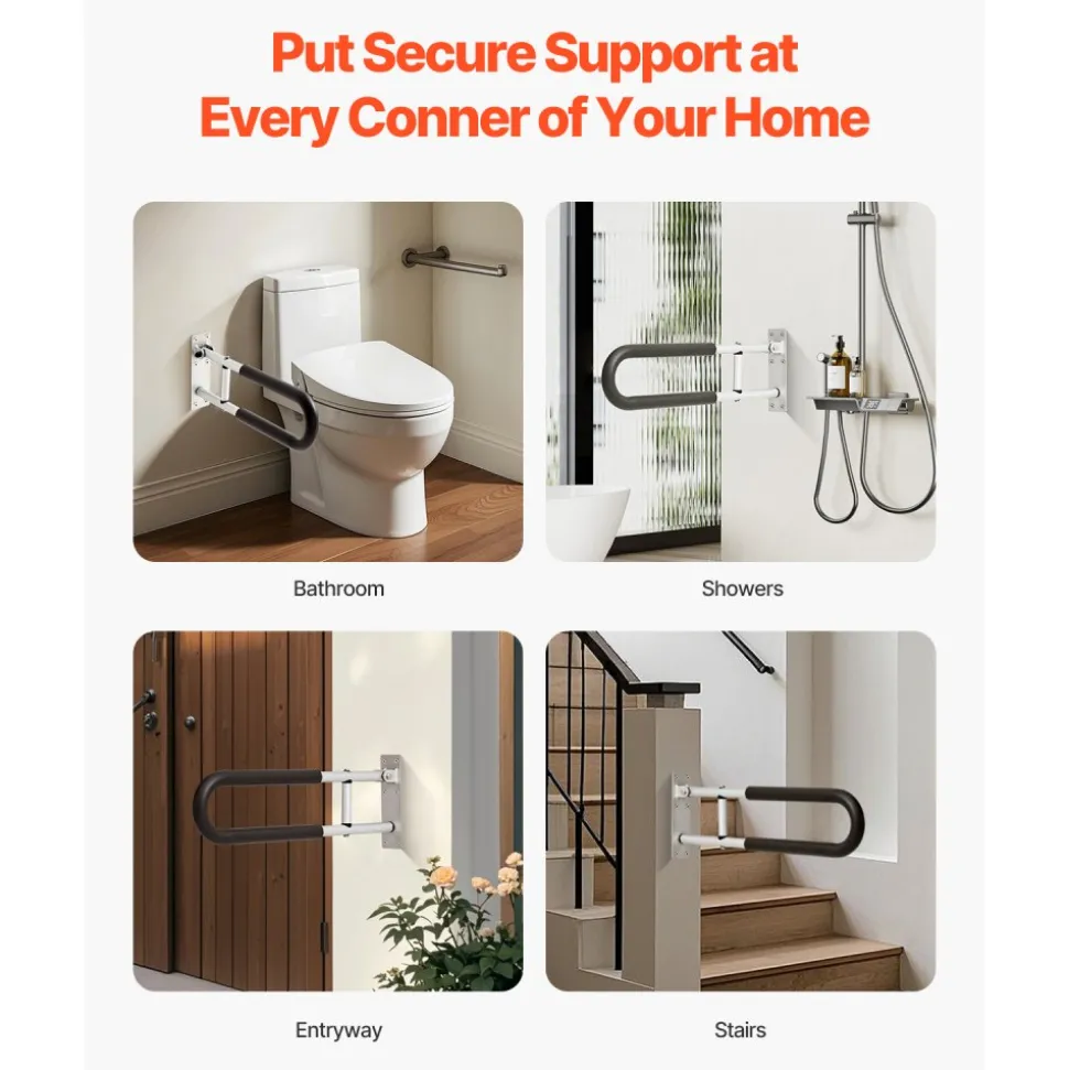 VEVOR Toilet Safety Rail, 23.8 Inch U-Shaped Handicap Grab Bar, Foldable Senior Safety Pole, Flip Up Toilet Grab Bar with Anti-Slip Support Handle, 300 Lb Load Capacity for Elderly, Disabled, Pregnant