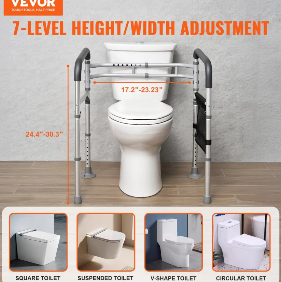VEVOR Toilet Safety Rail, 300 LBS Foldable Toilet Seat with Non-Slip Handles, Portable Versatile Toilet Handrails with Reinforced Aluminum Alloy Tube, Fit for Seniors, Pregnant Women & the Injured