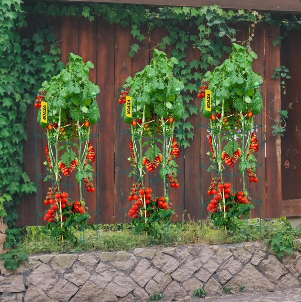 VEVOR Tomato Cages, 14.6" x 14.6" x 39.4", 6 Packs Square Plant Support Cages, Green PVC-Coated Steel Tomato Towers for Climbing Vegetables, Plants, Flowers, Fruits