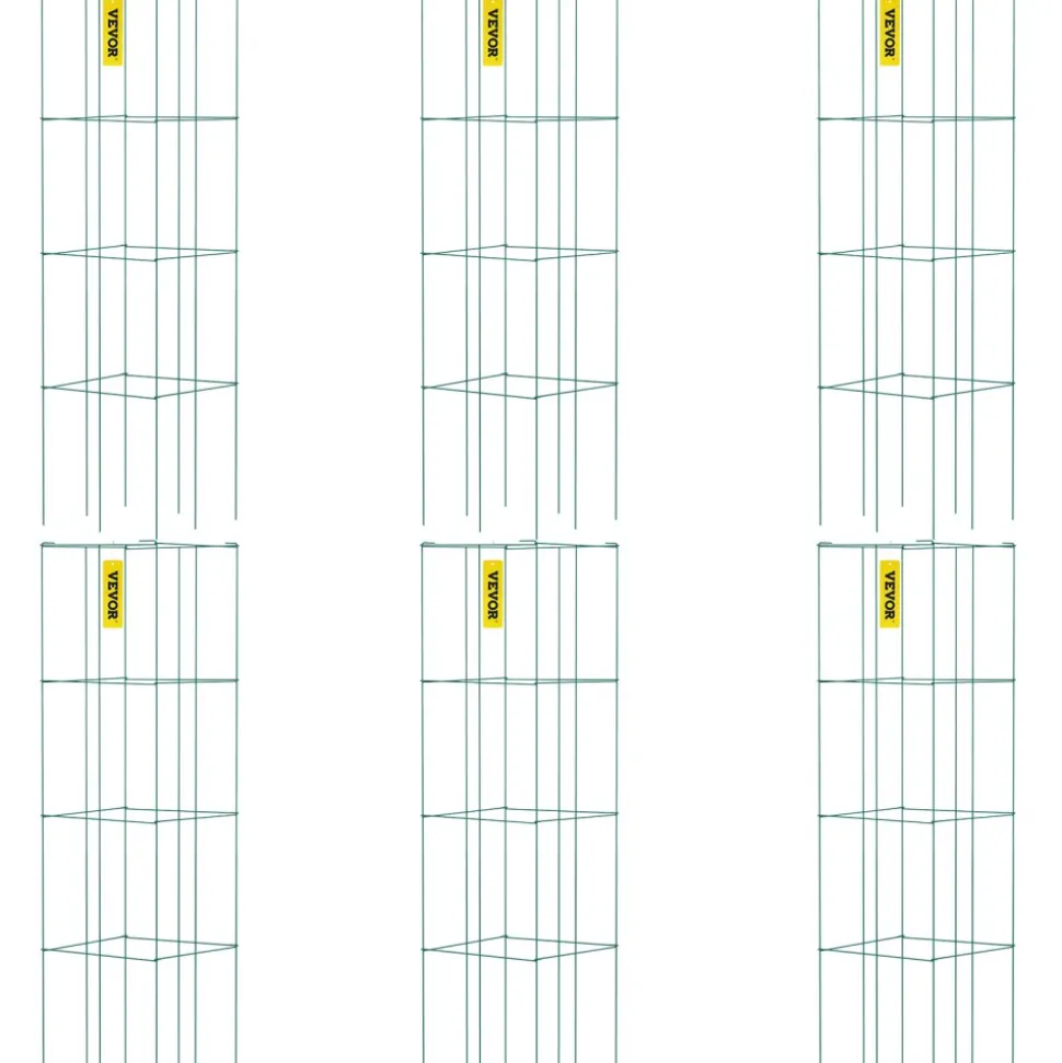 VEVOR Tomato Cages, 14.6" x 14.6" x 39.4", 6 Packs Square Plant Support Cages, Green PVC-Coated Steel Tomato Towers for Climbing Vegetables, Plants, Flowers, Fruits