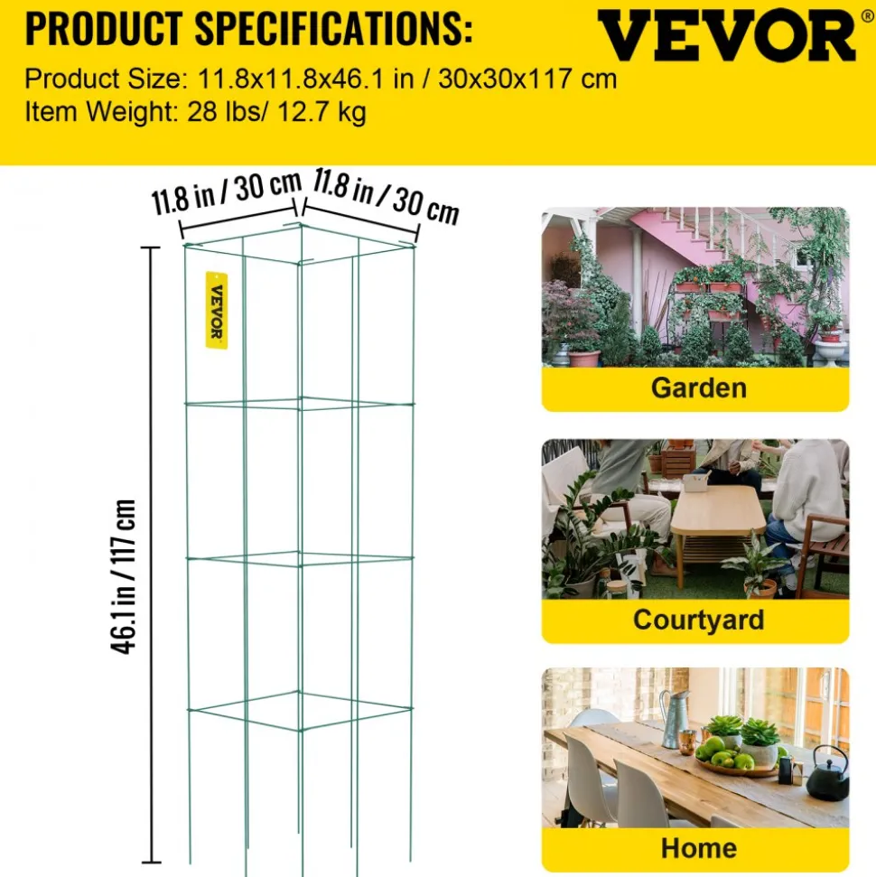 VEVOR Tomato Cages, 11.8" x 11.8" x 46.1", 10 Packs Square Plant Support Cages, Silver PVC-Coated Steel Tomato Towers for Climbing Vegetables, Plants, Flowers, Fruits