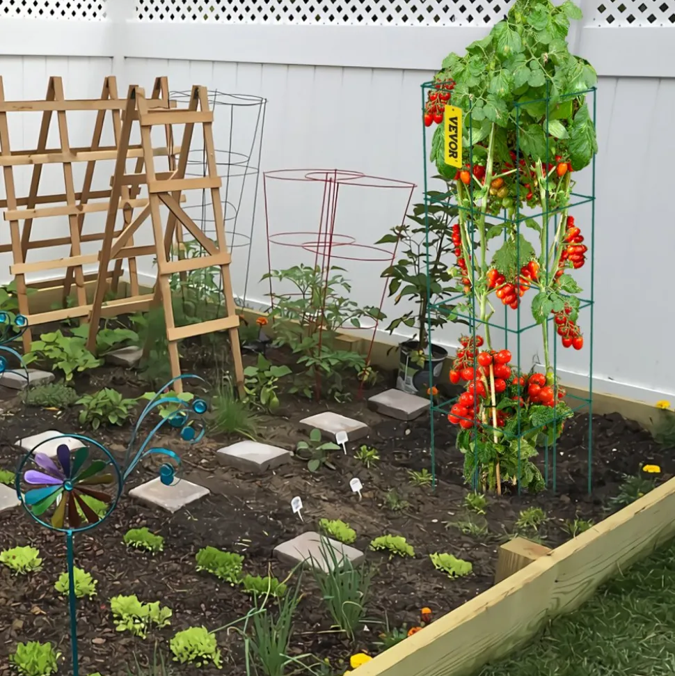 VEVOR Tomato Cages, 11.8" x 11.8" x 46.1", 10 Packs Square Plant Support Cages, Silver PVC-Coated Steel Tomato Towers for Climbing Vegetables, Plants, Flowers, Fruits