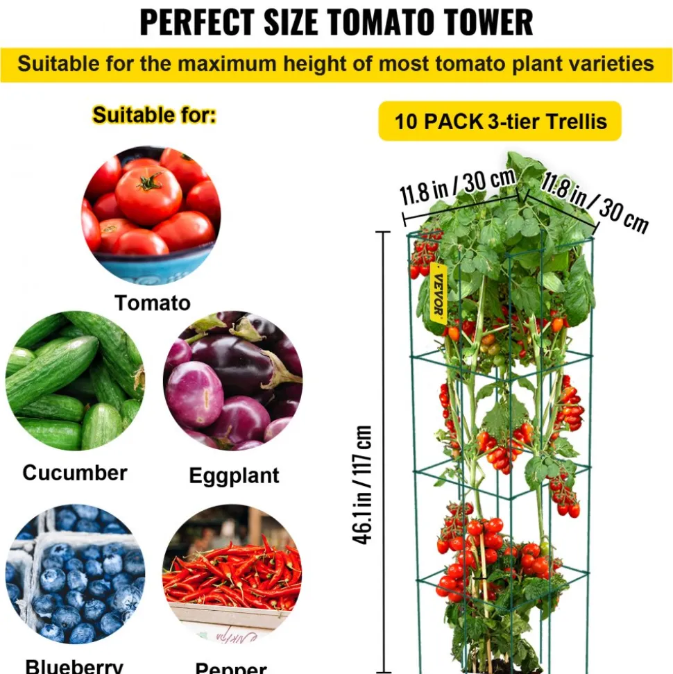 VEVOR Tomato Cages, 11.8" x 11.8" x 46.1", 10 Packs Square Plant Support Cages, Silver PVC-Coated Steel Tomato Towers for Climbing Vegetables, Plants, Flowers, Fruits
