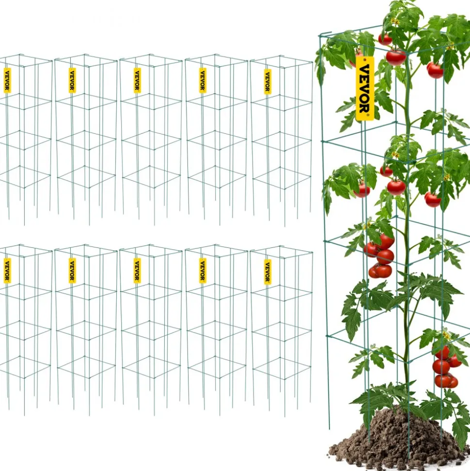 VEVOR Tomato Cages, 11.8" x 11.8" x 46.1", 10 Packs Square Plant Support Cages, Silver PVC-Coated Steel Tomato Towers for Climbing Vegetables, Plants, Flowers, Fruits