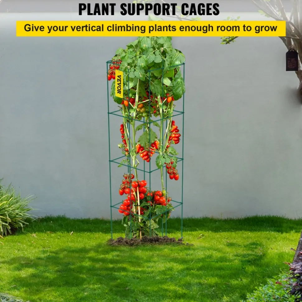 VEVOR Tomato Cages, 11.8" x 11.8" x 46.1", 10 Packs Square Plant Support Cages, Silver PVC-Coated Steel Tomato Towers for Climbing Vegetables, Plants, Flowers, Fruits