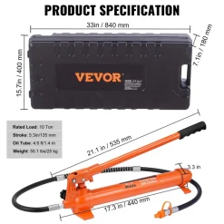 VEVOR 10 Ton Porta Power Kit, Hydraulic Ram with Pump, Car Jack with 4.6 ft/1.4 m Oil Hose, Bent Frame Repair Tool with Storage Case for Automotive, Garage, Heavy Equipment, Mechanic (22046 LBS)
