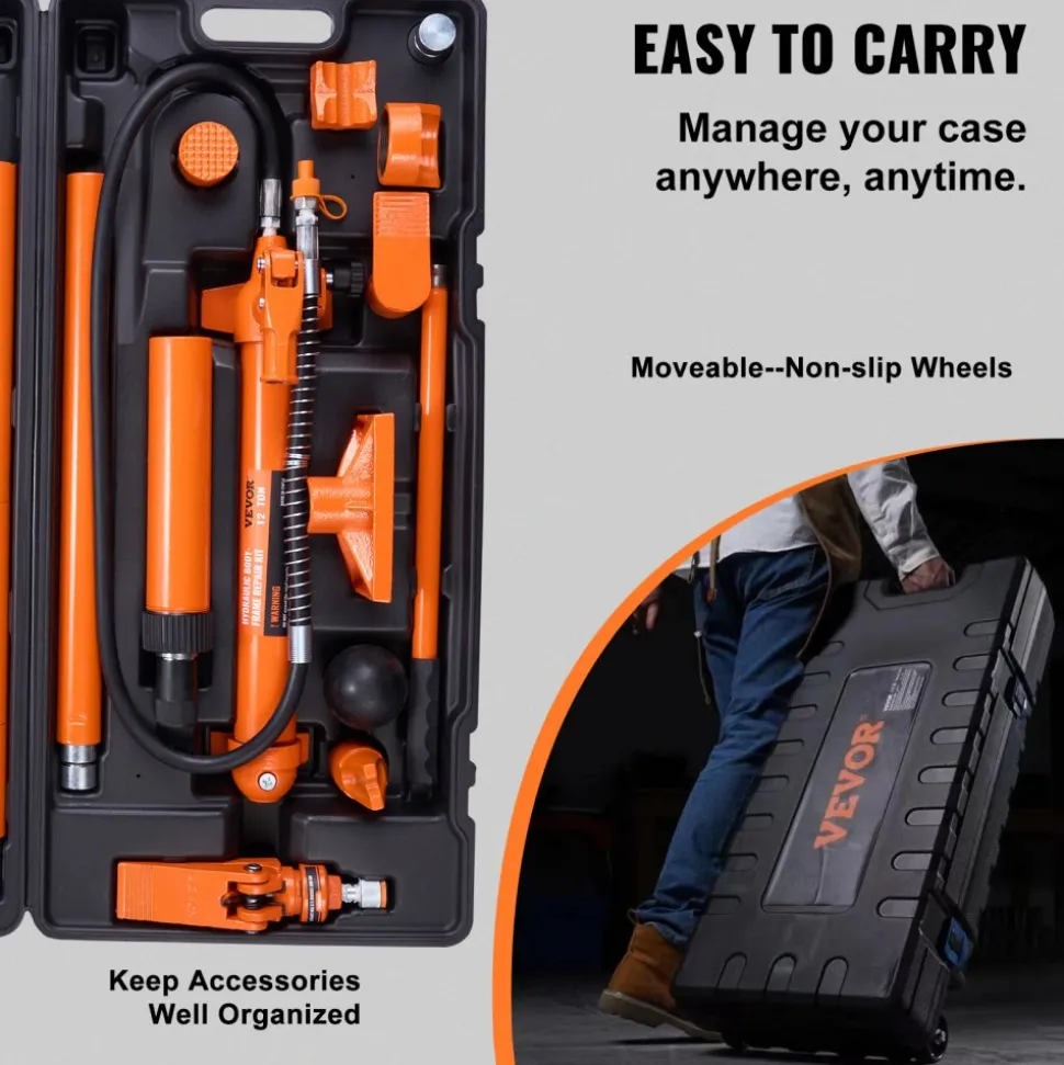 VEVOR 12 Ton Porta Power Kit, Hydraulic Ram with Pump with 4.6 ft/1.4 m Oil Hose, Portable Hydraulic Jack with Storage Case for Automotive, Garage, Farm, Mechanic (26455 LBS)