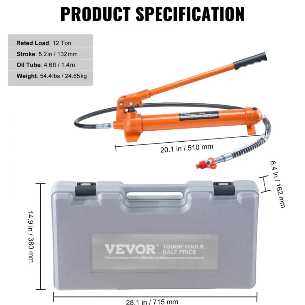 VEVOR 12 Ton Porta Power Kit, Portable Hydraulic Jack with 4.6 ft/1.4 m Oil Hose, Auto Body Frame Repair Kit with Storage Case for Car Repair, Truck, Farm