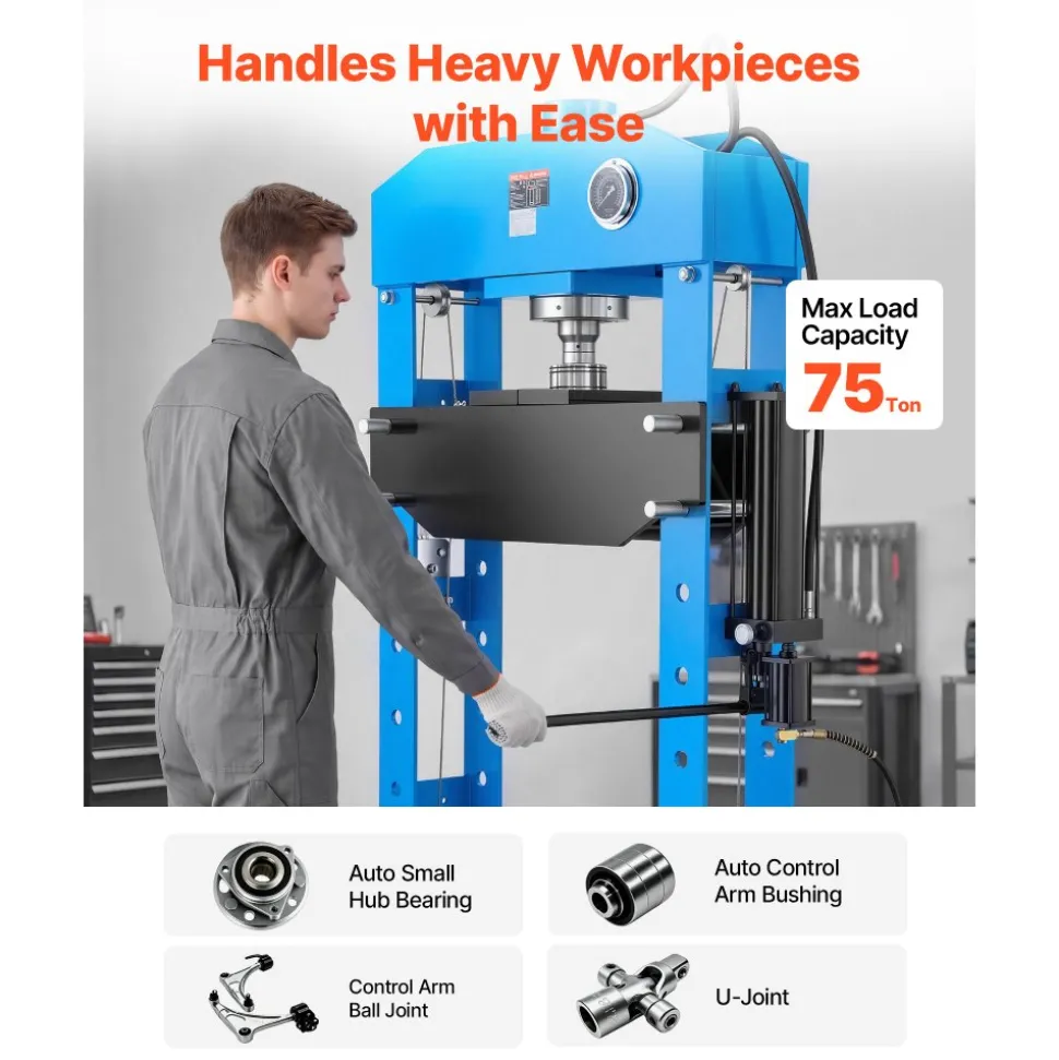 VEVOR 75-Ton Shop Press, Pneumatic/Manual Hydraulic Shop Press with Foot Pedal, Hand Wheel & Pressure Gauge, H-Frame Heavy-Duty Garage Floor Adjustable Shop Press for Bending, Straightening, Pressing