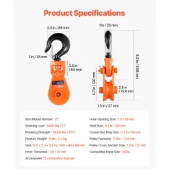 VEVOR 2 Ton Snatch Block with Swivel Hook, 3