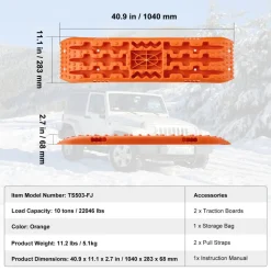 VEVOR 10 TON Traction Boards with PP Material, Recovery Boards for Off-road Vehicles/Cars/Pickups/SUVs/RVs, Pair Tire Traction Mats on Snow, Sand, Mud and Loose Terrain, Storage Bag, Long, Orange