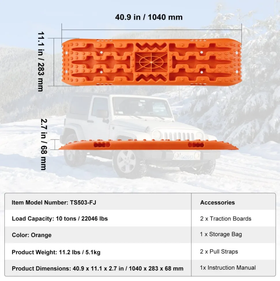 VEVOR 10 TON Traction Boards with PP Material, Recovery Boards for Off-road Vehicles/Cars/Pickups/SUVs/RVs, Pair Tire Traction Mats on Snow, Sand, Mud and Loose Terrain, Storage Bag, Long, Orange