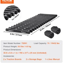 VEVOR 7 TON Traction Boards with TPR Material, Recovery Boards for Off-road Vehicles/Cars/Pickups/SUVs/RVs, Pair Tire Traction Mats on Snow, Sand, Mud and Loose Terrain, Storage Bags, Short, Black
