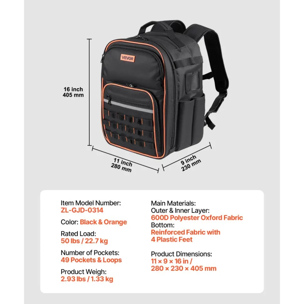 VEVOR Tool Backpack, 49 Pockets, Heavy-duty Tools Storage Organizer Work Bags with Laptop Compartment & Reinforced Fabric Base, Electrician Jobsite Backpack for Electrician, Repairman