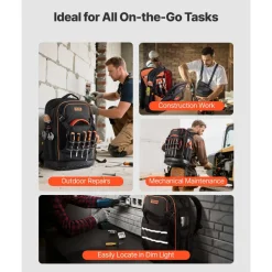 VEVOR Tool Backpack, 65 Pockets, Heavy-duty Tools Storage Organizer Work Bags with Laptop Compartment & Molded Base, Electrician Jobsite Backpack for Electrician, Repairman, and HVAC Techs