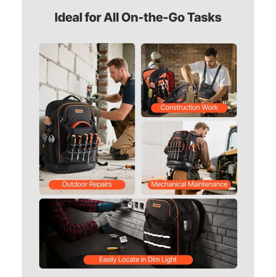 VEVOR Tool Backpack, 65 Pockets, Heavy-duty Tools Storage Organizer Work Bags with Laptop Compartment & Molded Base, Electrician Jobsite Backpack for Electrician, Repairman, and HVAC Techs