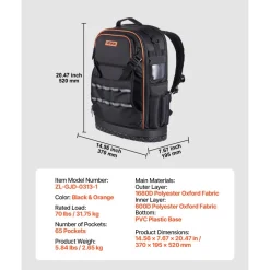 VEVOR Tool Backpack, 65 Pockets, Heavy-duty Tools Storage Organizer Work Bags with Laptop Compartment & Molded Base, Electrician Jobsite Backpack for Electrician, Repairman, and HVAC Techs