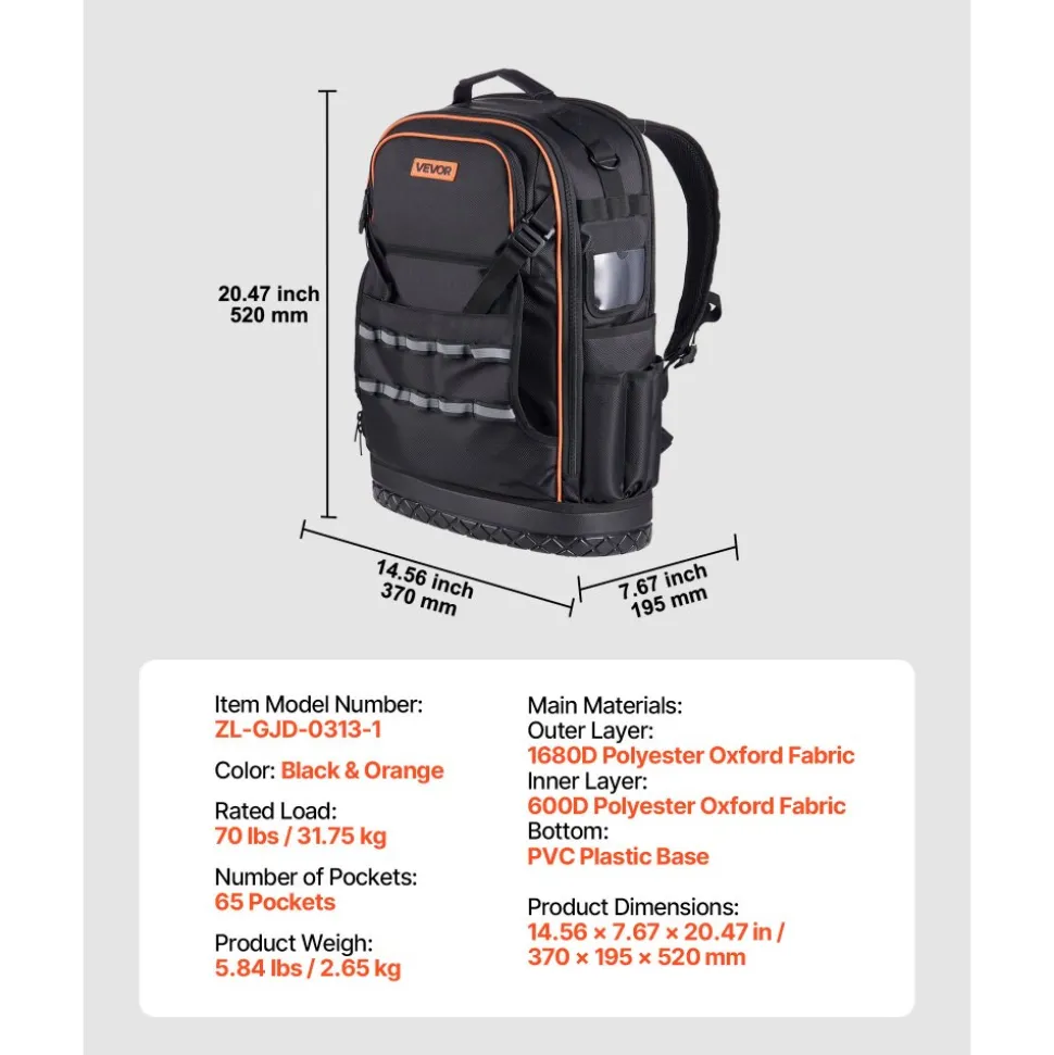 VEVOR Tool Backpack, 65 Pockets, Heavy-duty Tools Storage Organizer Work Bags with Laptop Compartment & Molded Base, Electrician Jobsite Backpack for Electrician, Repairman, and HVAC Techs