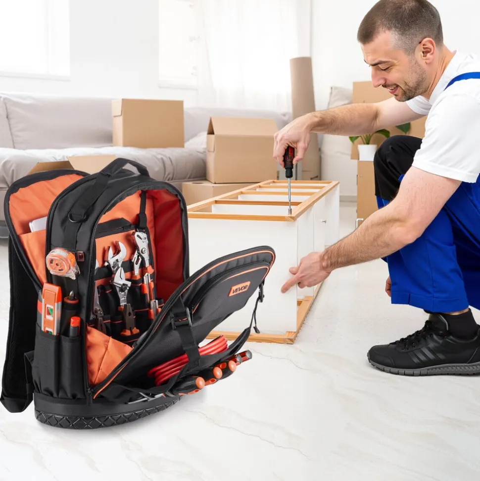 VEVOR Tool Backpack, 65 Pockets, Heavy-duty Tools Storage Organizer Work Bags with Laptop Compartment & Molded Base, Electrician Jobsite Backpack for Electrician, Repairman, and HVAC Techs