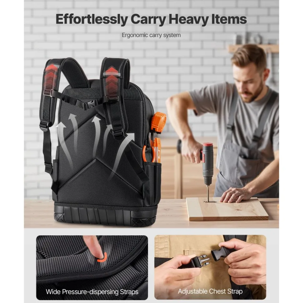 VEVOR Tool Backpack, 65 Pockets, Heavy-duty Tools Storage Organizer Work Bags with Laptop Compartment & Molded Base, Electrician Jobsite Backpack for Electrician, Repairman, and HVAC Techs