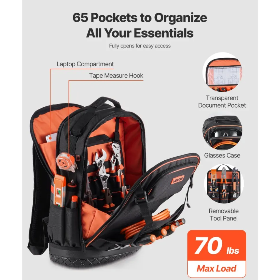 VEVOR Tool Backpack, 65 Pockets, Heavy-duty Tools Storage Organizer Work Bags with Laptop Compartment & Molded Base, Electrician Jobsite Backpack for Electrician, Repairman, and HVAC Techs