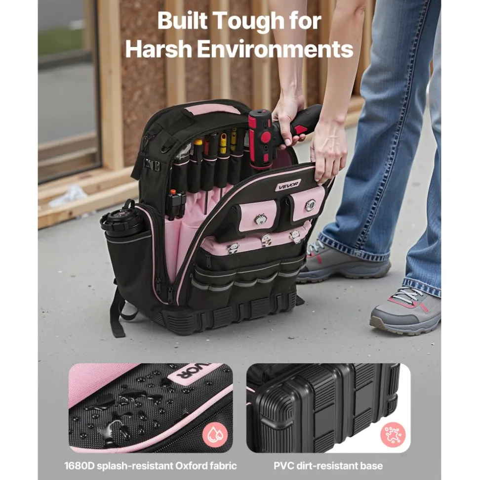 VEVOR Tool Backpack, 56 Pockets, Heavy-duty Tools Storage Organizer Work Bags with Laptop Compartment & Molded Base, Electrician Jobsite Backpack for Electrician, Repairman, and HVAC Techs