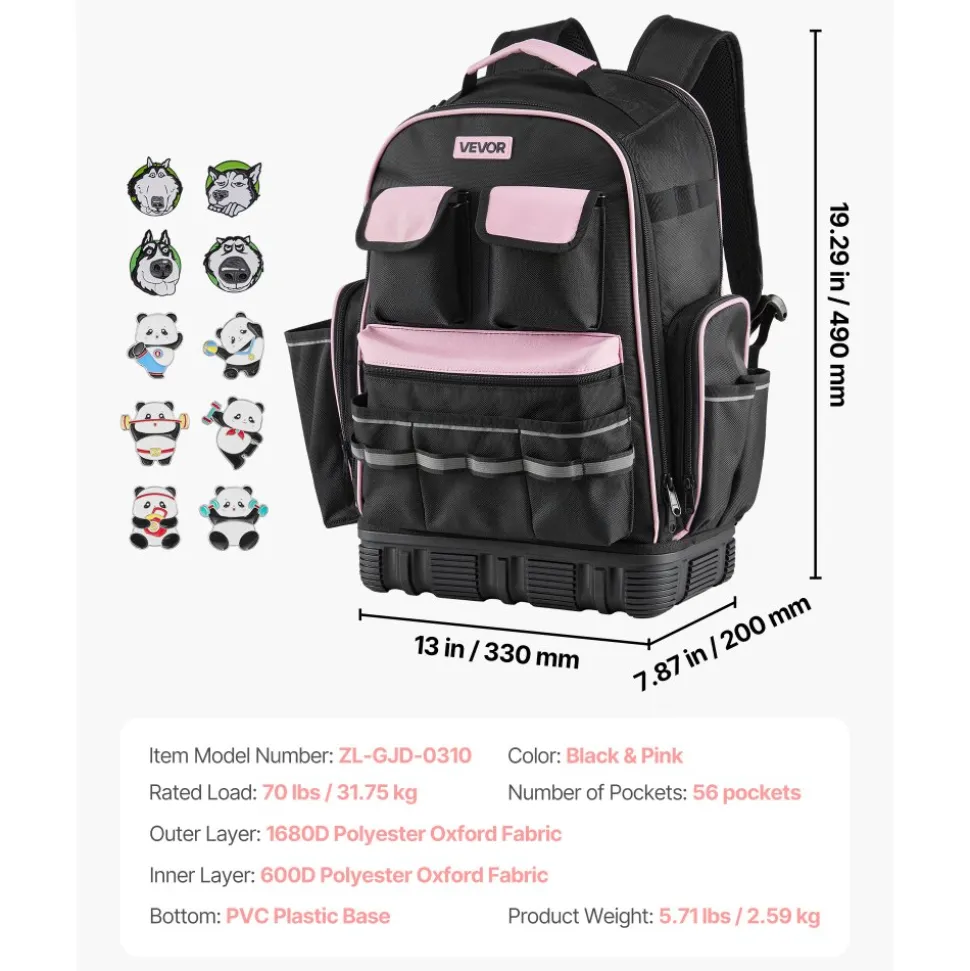 VEVOR Tool Backpack, 56 Pockets, Heavy-duty Tools Storage Organizer Work Bags with Laptop Compartment & Molded Base, Electrician Jobsite Backpack for Electrician, Repairman, and HVAC Techs