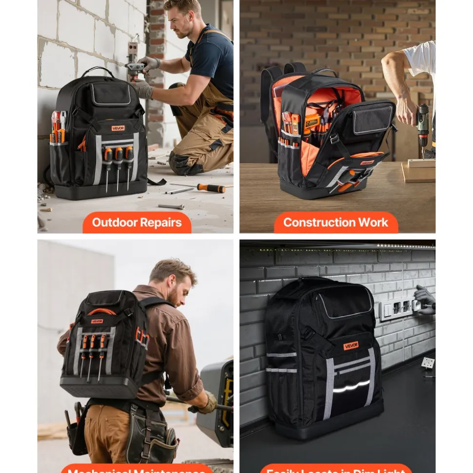 VEVOR Tool Backpack, 56 Pockets, Heavy-duty Tools Storage Organizer Bags with Molded Base, Electrician Jobsite Backpack for Construction Jobsite, Electrician, Industrial, Repairman, and HVAC Techs