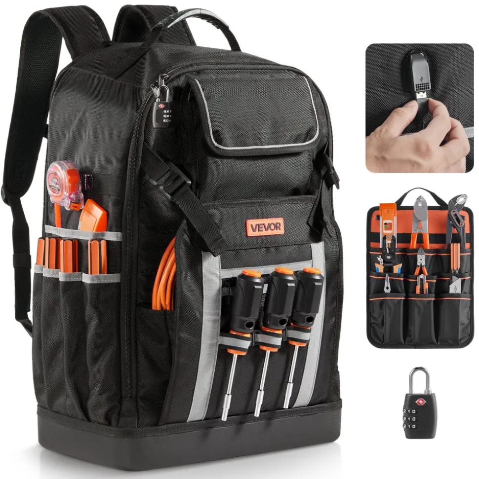 VEVOR Tool Backpack, 56 Pockets, Heavy-duty Tools Storage Organizer Bags with Molded Base, Electrician Jobsite Backpack for Construction Jobsite, Electrician, Industrial, Repairman, and HVAC Techs