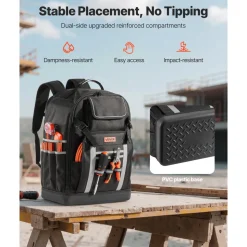 VEVOR Tool Backpack, 56 Pockets, Heavy-duty Tools Storage Organizer Bags with Molded Base, Electrician Jobsite Backpack for Construction Jobsite, Electrician, Industrial, Repairman, and HVAC Techs