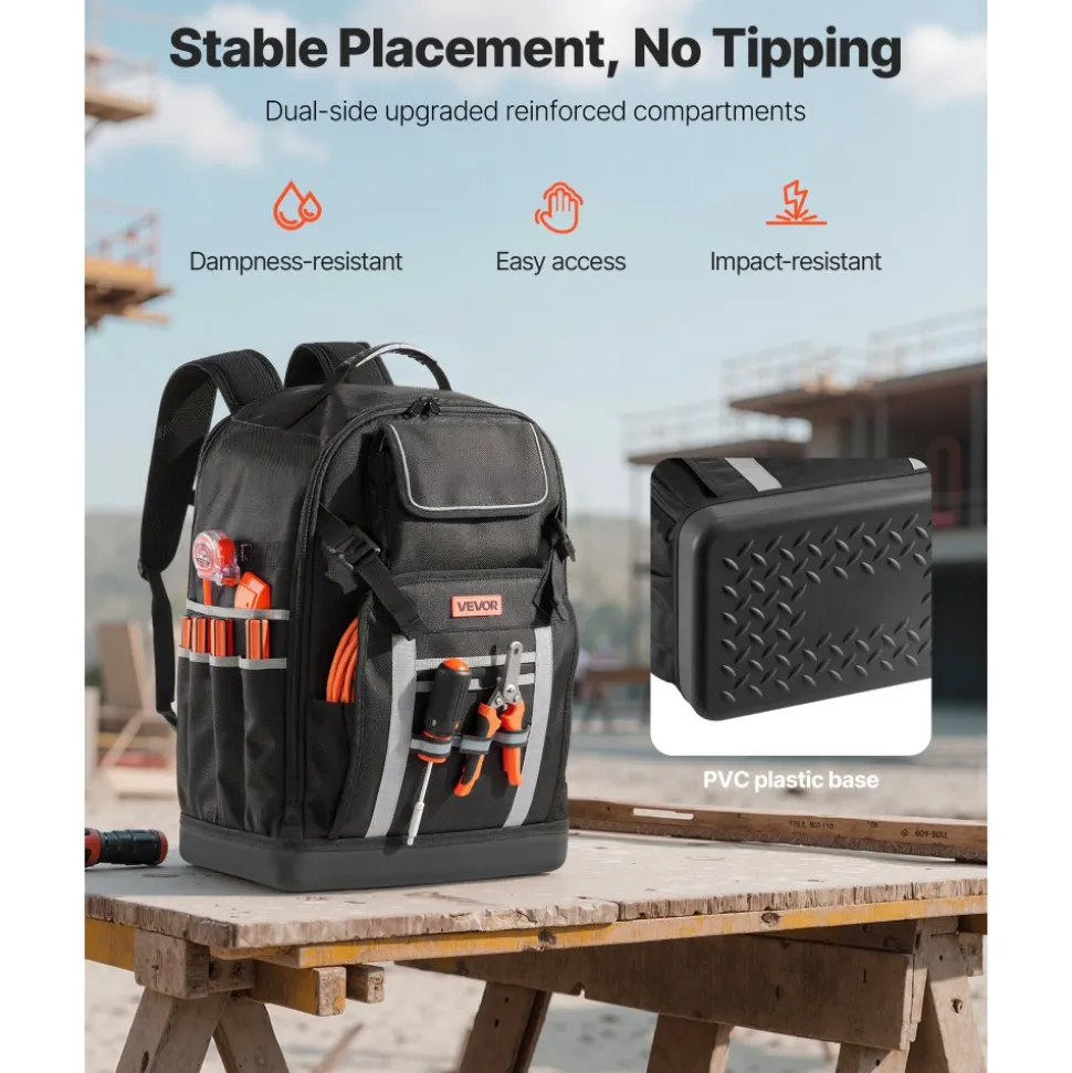 VEVOR Tool Backpack, 56 Pockets, Heavy-duty Tools Storage Organizer Bags with Molded Base, Electrician Jobsite Backpack for Construction Jobsite, Electrician, Industrial, Repairman, and HVAC Techs