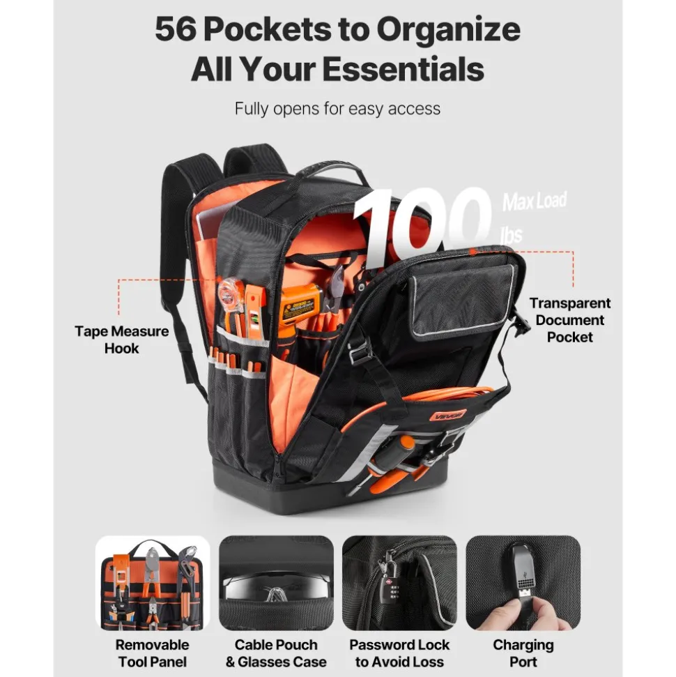 VEVOR Tool Backpack, 56 Pockets, Heavy-duty Tools Storage Organizer Bags with Molded Base, Electrician Jobsite Backpack for Construction Jobsite, Electrician, Industrial, Repairman, and HVAC Techs