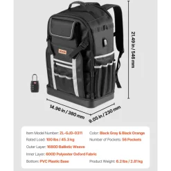 VEVOR Tool Backpack, 56 Pockets, Heavy-duty Tools Storage Organizer Bags with Molded Base, Electrician Jobsite Backpack for Construction Jobsite, Electrician, Industrial, Repairman, and HVAC Techs