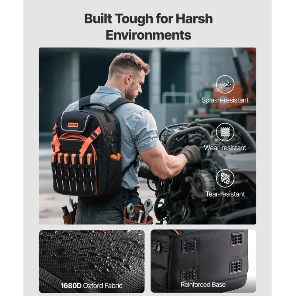 VEVOR Tool Backpack, 45 Pockets, Heavy-duty Tools Storage Organizer Work Bags with Laptop Compartment & Reinforced Fabric Basee, Electrician Jobsite Backpack for Electrician, Repairman
