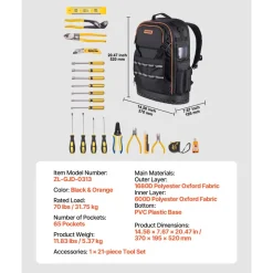 VEVOR Tool Backpack with Tools, 65 Pockets, Heavy-duty Tools Storage Organizer Bags with Laptop Compartment & Molded Base, Electrician Jobsite Backpack for Electrician, Repairman, and HVAC Techs