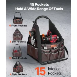 VEVOR Tool Bag, 13 Inch, 45-Pocket Open Top Tool Tote, Electrical Maintenance Toolbox Organizer Storage with Handle, Adjustable Shoulder Strap, Portable Toolbag, for Professionals DIY & Jobsite Use