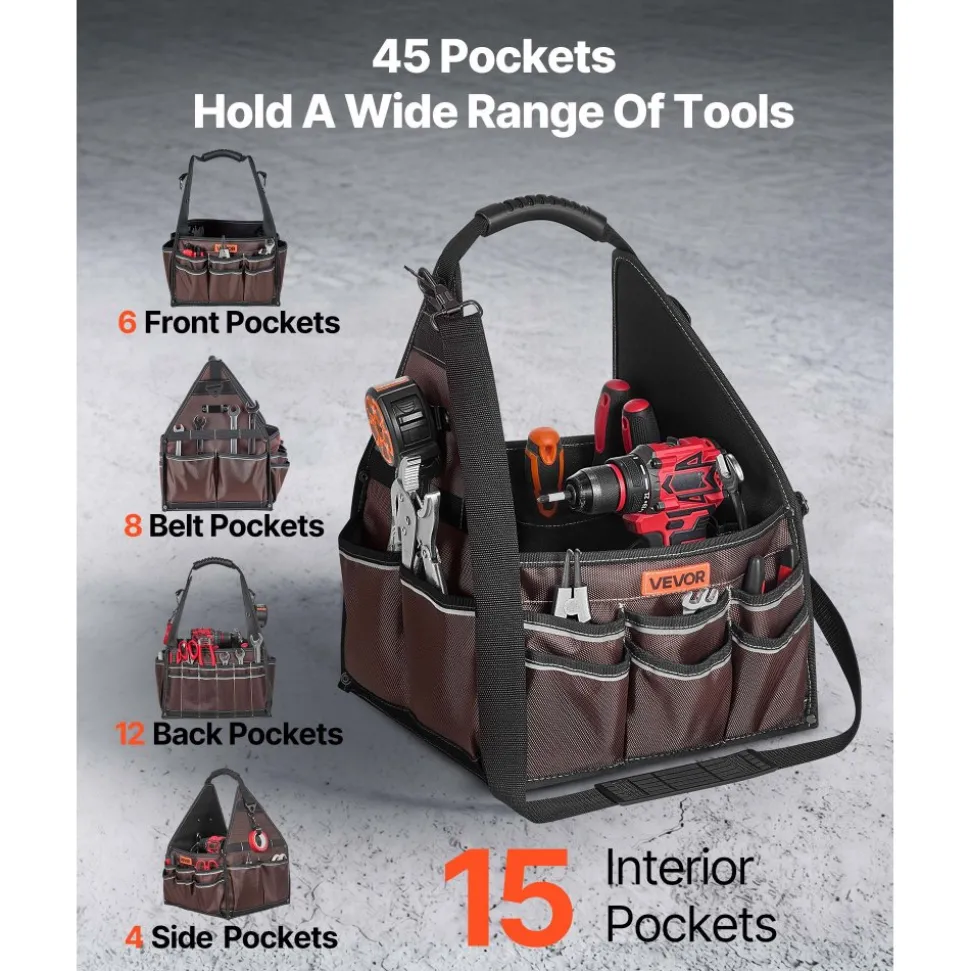 VEVOR Tool Bag, 13 Inch, 45-Pocket Open Top Tool Tote, Electrical Maintenance Toolbox Organizer Storage with Handle, Adjustable Shoulder Strap, Portable Toolbag, for Professionals DIY & Jobsite Use