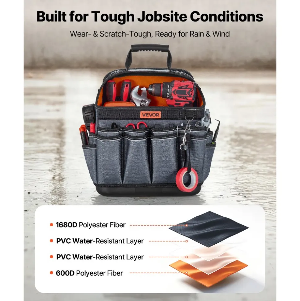 VEVOR Tool Bag, 13.2 Inch, 39-Pocket Open Top Tool Pouch, Portable Electrical Maintenance Toolbox Organizer Storage with Hard Plastic Base, Adjustable Shoulder Strap, for Professionals DIY & Jobsite