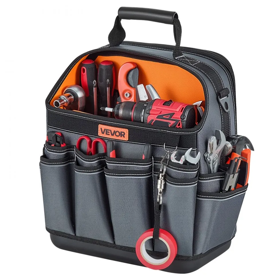 VEVOR Tool Bag, 13.2 Inch, 39-Pocket Open Top Tool Pouch, Portable Electrical Maintenance Toolbox Organizer Storage with Hard Plastic Base, Adjustable Shoulder Strap, for Professionals DIY & Jobsite