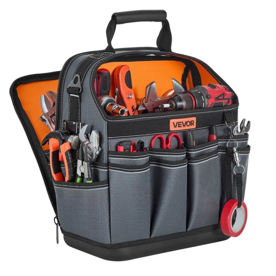 VEVOR Tool Bag, 13.2 Inch, 39-Pocket Open Top Tool Pouch, Portable Electrical Maintenance Toolbox Organizer Storage with Hard Plastic Base, Adjustable Shoulder Strap, for Professionals DIY & Jobsite