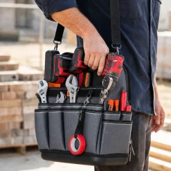 VEVOR Tool Bag, 13.2 Inch, 39-Pocket Open Top Tool Pouch, Portable Electrical Maintenance Toolbox Organizer Storage with Hard Plastic Base, Adjustable Shoulder Strap, for Professionals DIY & Jobsite