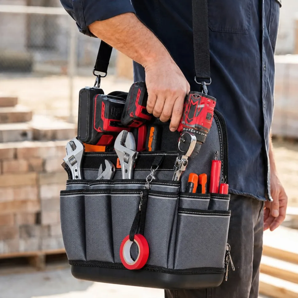 VEVOR Tool Bag, 13.2 Inch, 39-Pocket Open Top Tool Pouch, Portable Electrical Maintenance Toolbox Organizer Storage with Hard Plastic Base, Adjustable Shoulder Strap, for Professionals DIY & Jobsite