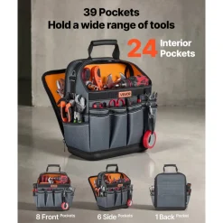 VEVOR Tool Bag, 13.2 Inch, 39-Pocket Open Top Tool Pouch, Portable Electrical Maintenance Toolbox Organizer Storage with Hard Plastic Base, Adjustable Shoulder Strap, for Professionals DIY & Jobsite