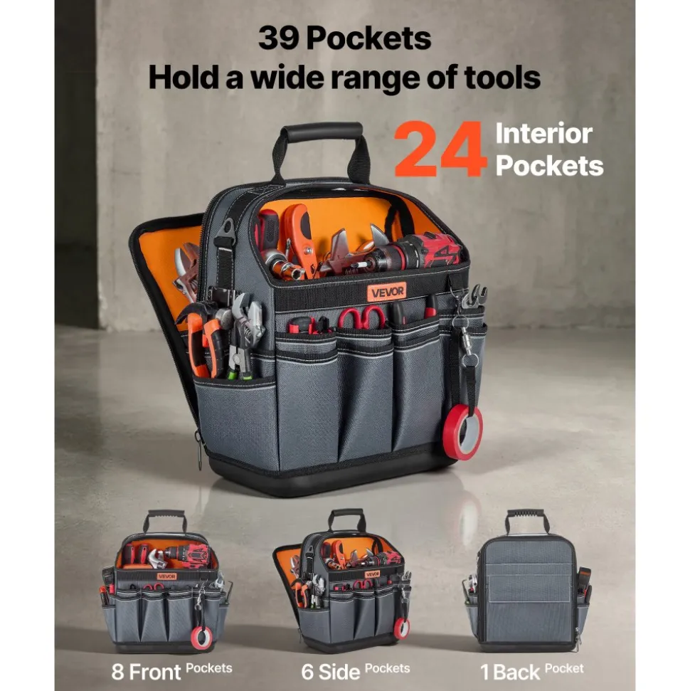 VEVOR Tool Bag, 13.2 Inch, 39-Pocket Open Top Tool Pouch, Portable Electrical Maintenance Toolbox Organizer Storage with Hard Plastic Base, Adjustable Shoulder Strap, for Professionals DIY & Jobsite