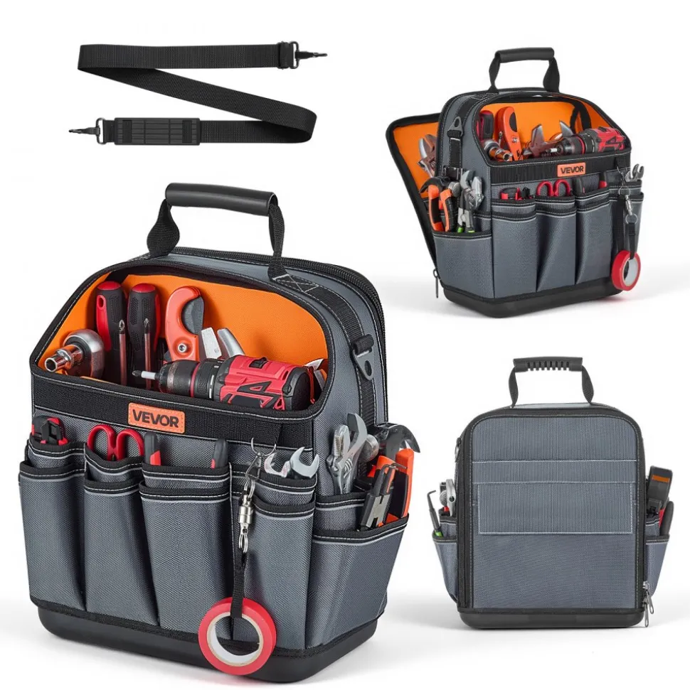 VEVOR Tool Bag, 13.2 Inch, 39-Pocket Open Top Tool Pouch, Portable Electrical Maintenance Toolbox Organizer Storage with Hard Plastic Base, Adjustable Shoulder Strap, for Professionals DIY & Jobsite
