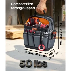 VEVOR Tool Bag, 13.2 Inch, 39-Pocket Open Top Tool Pouch, Portable Electrical Maintenance Toolbox Organizer Storage with Hard Plastic Base, Adjustable Shoulder Strap, for Professionals DIY & Jobsite