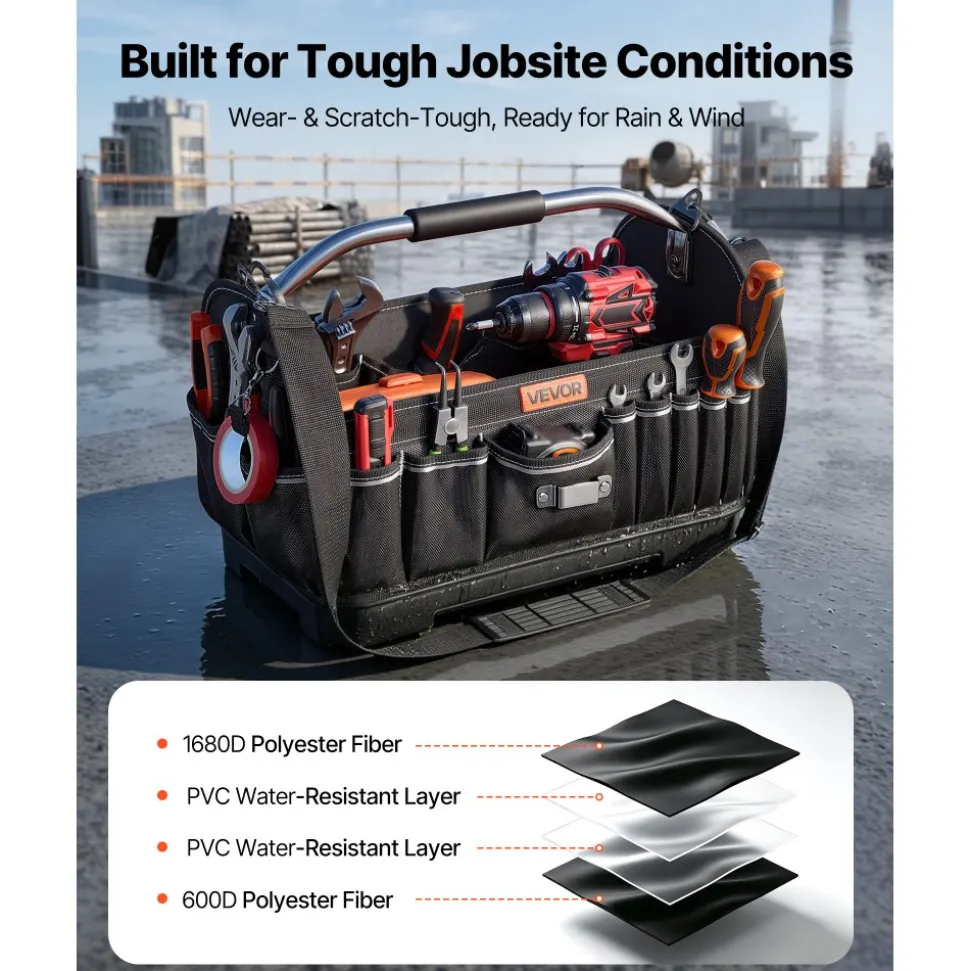 VEVOR Tool Bag, 16.1 Inch, 33-Pocket Open Top Tool Tote, Portable Electrical Maintenance Toolbox Organizer Storage with Hard Plastic Base, Adjustable Shoulder Strap, for Professionals DIY & Jobsite