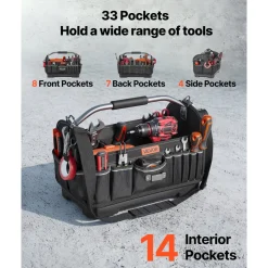VEVOR Tool Bag, 16.1 Inch, 33-Pocket Open Top Tool Tote, Portable Electrical Maintenance Toolbox Organizer Storage with Hard Plastic Base, Adjustable Shoulder Strap, for Professionals DIY & Jobsite