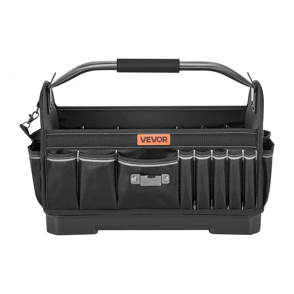 VEVOR Tool Bag, 16.1 Inch, 33-Pocket Open Top Tool Tote, Portable Electrical Maintenance Toolbox Organizer Storage with Hard Plastic Base, Adjustable Shoulder Strap, for Professionals DIY & Jobsite