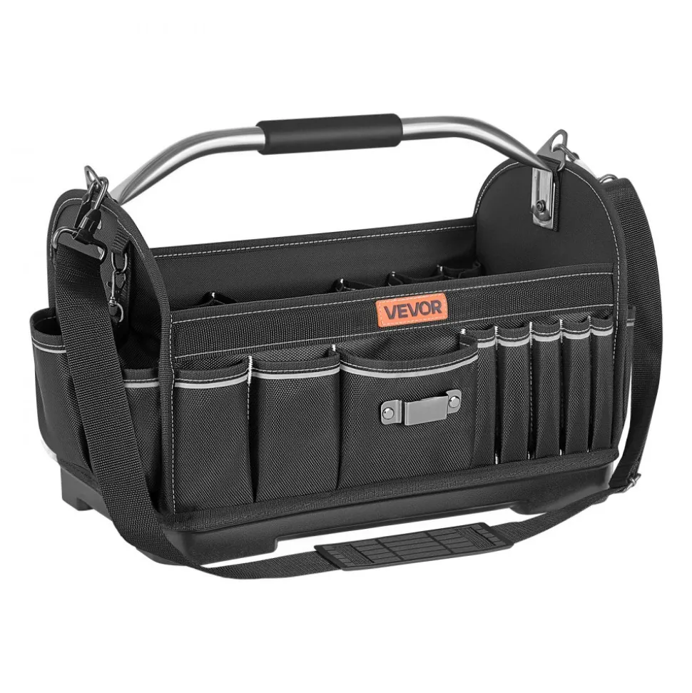VEVOR Tool Bag, 16.1 Inch, 33-Pocket Open Top Tool Tote, Portable Electrical Maintenance Toolbox Organizer Storage with Hard Plastic Base, Adjustable Shoulder Strap, for Professionals DIY & Jobsite